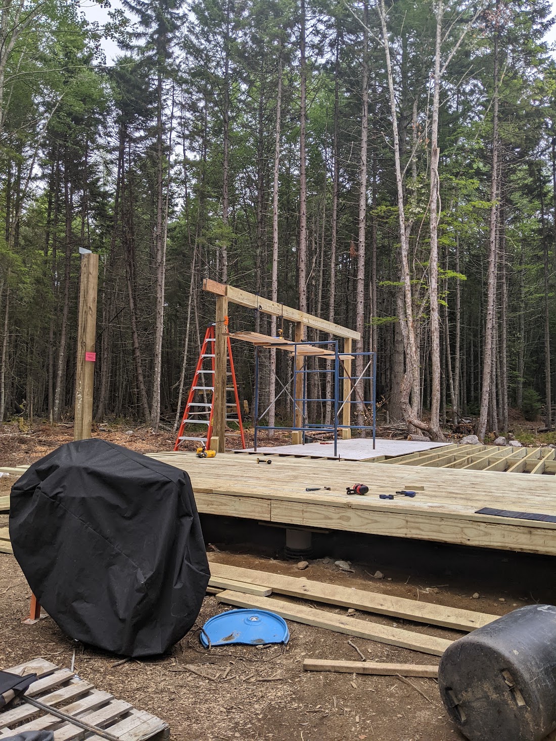 Posts set, beams in process of being laminated